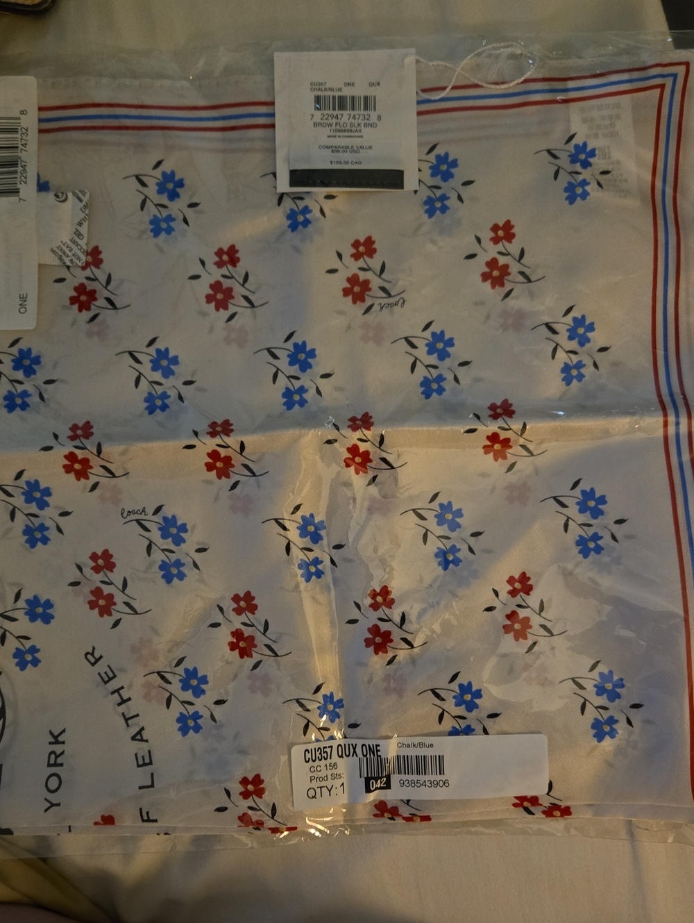 Coach White Floral Scarf with Red and Blue Accents - Picture 6 of 6